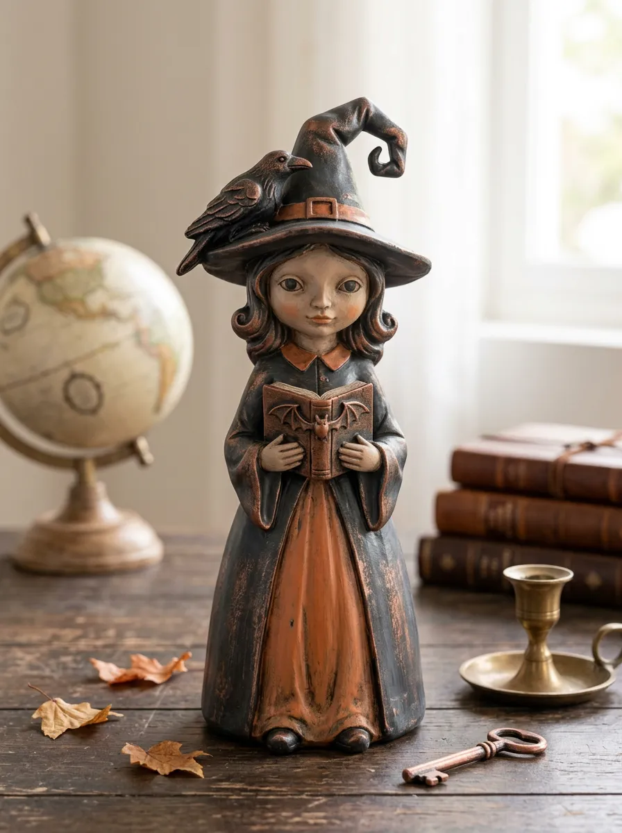 Halloween Witch Raven Book Figurine