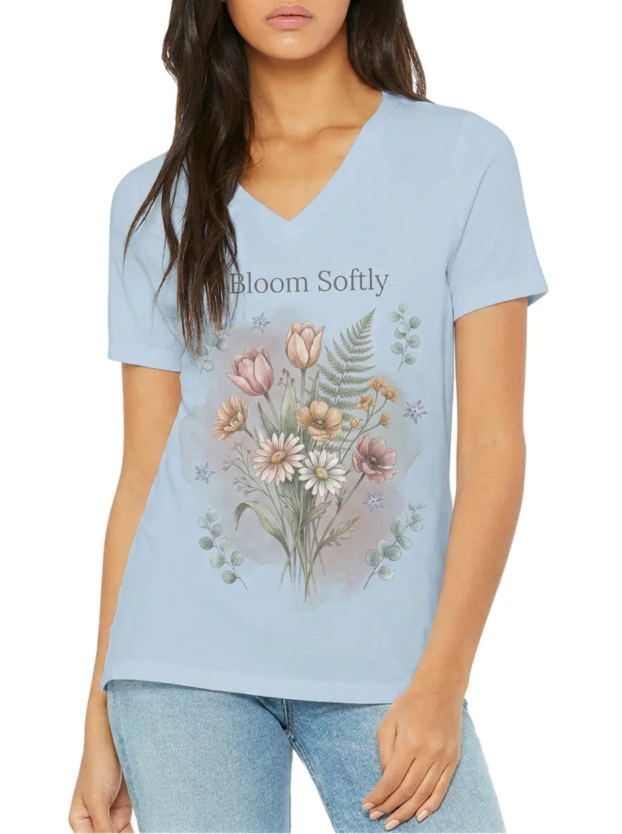 Women's Bloom Softly Floral Bouquet Watercolor Printed V-neck T-shirt