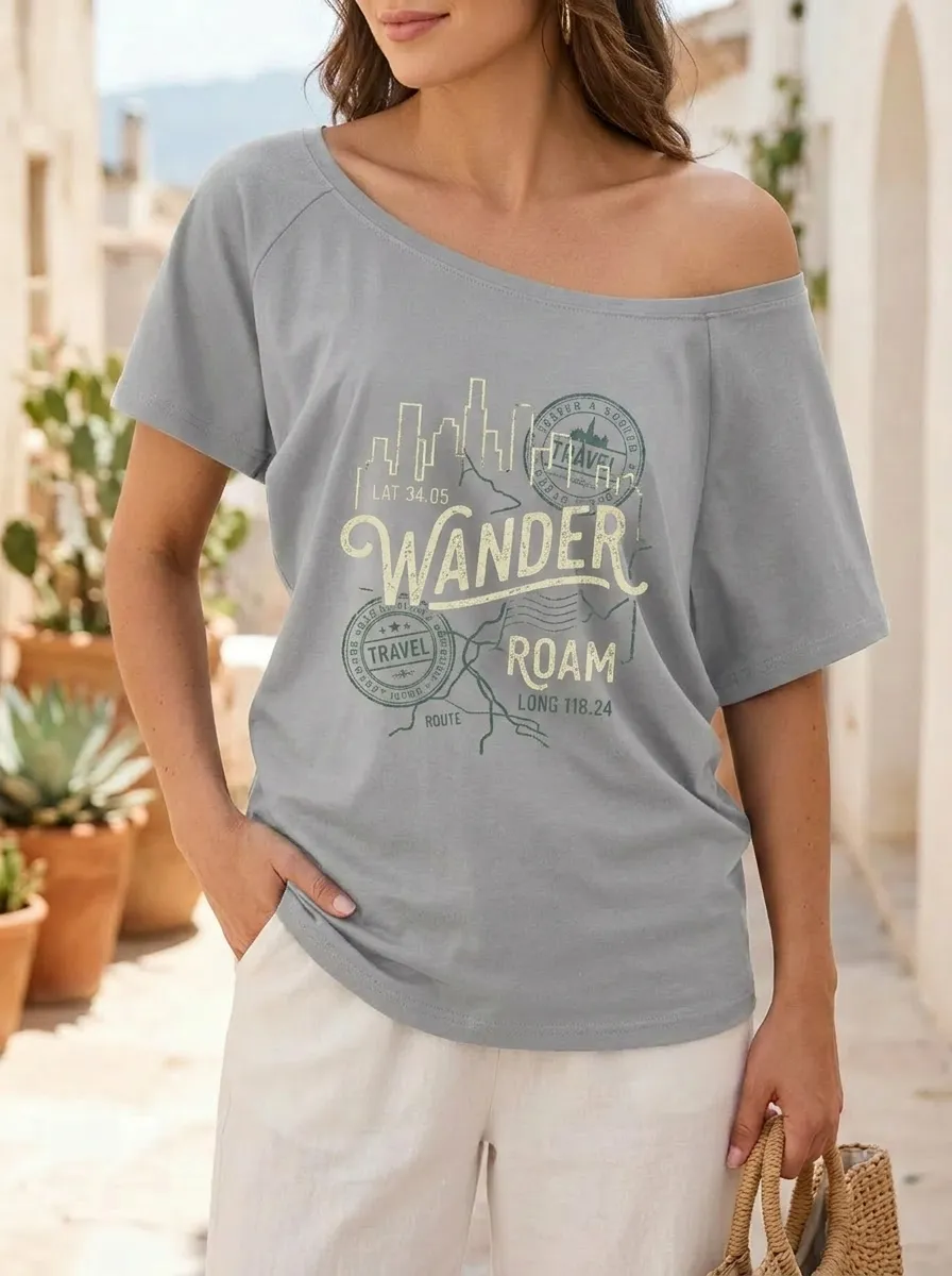 Women's Travel Lover Wander Roam City Skyline Printed Off-Shoulder Top
