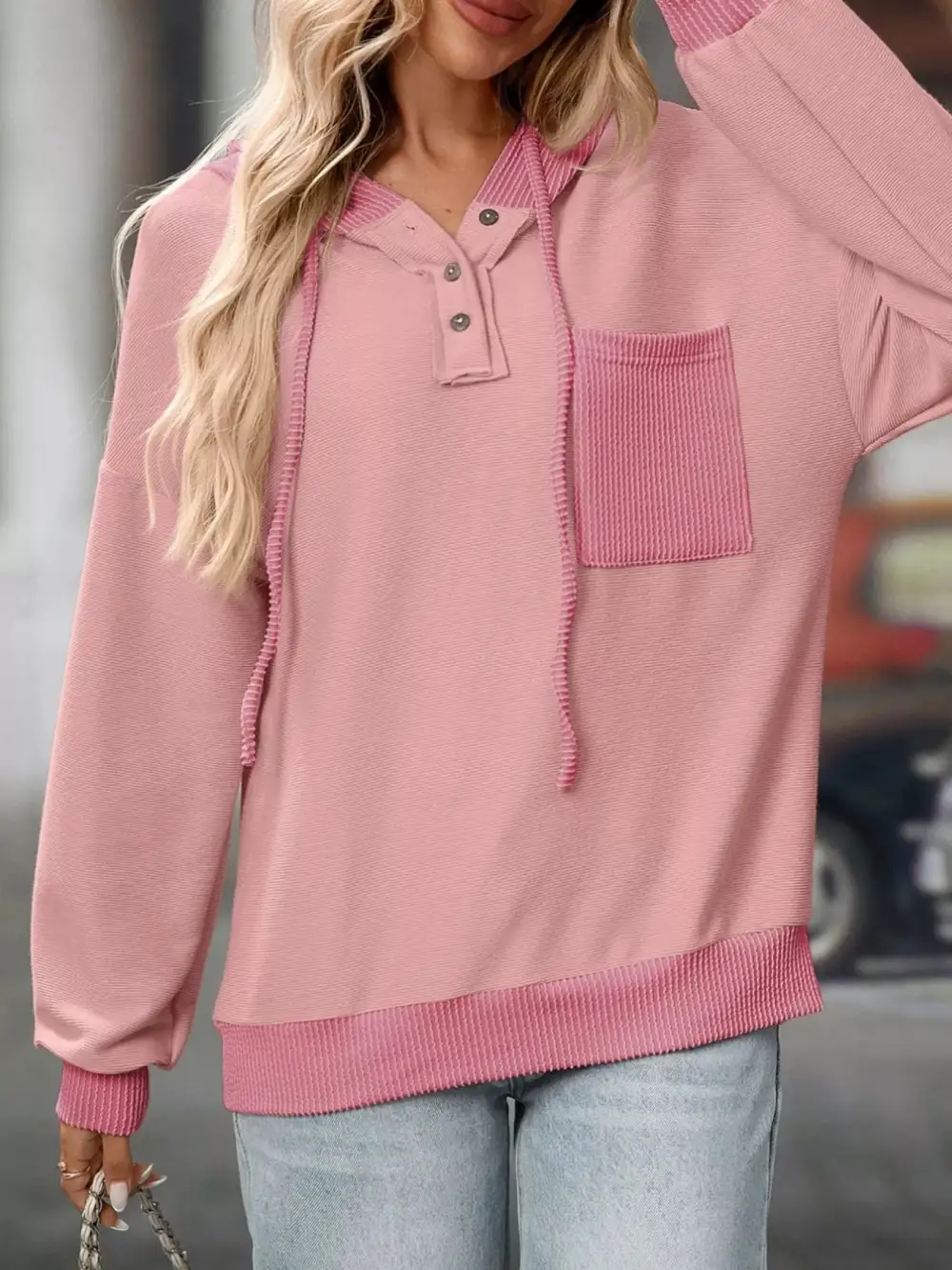 Refined Drawstring Buttoned Pocketed Colorblock Hoodie