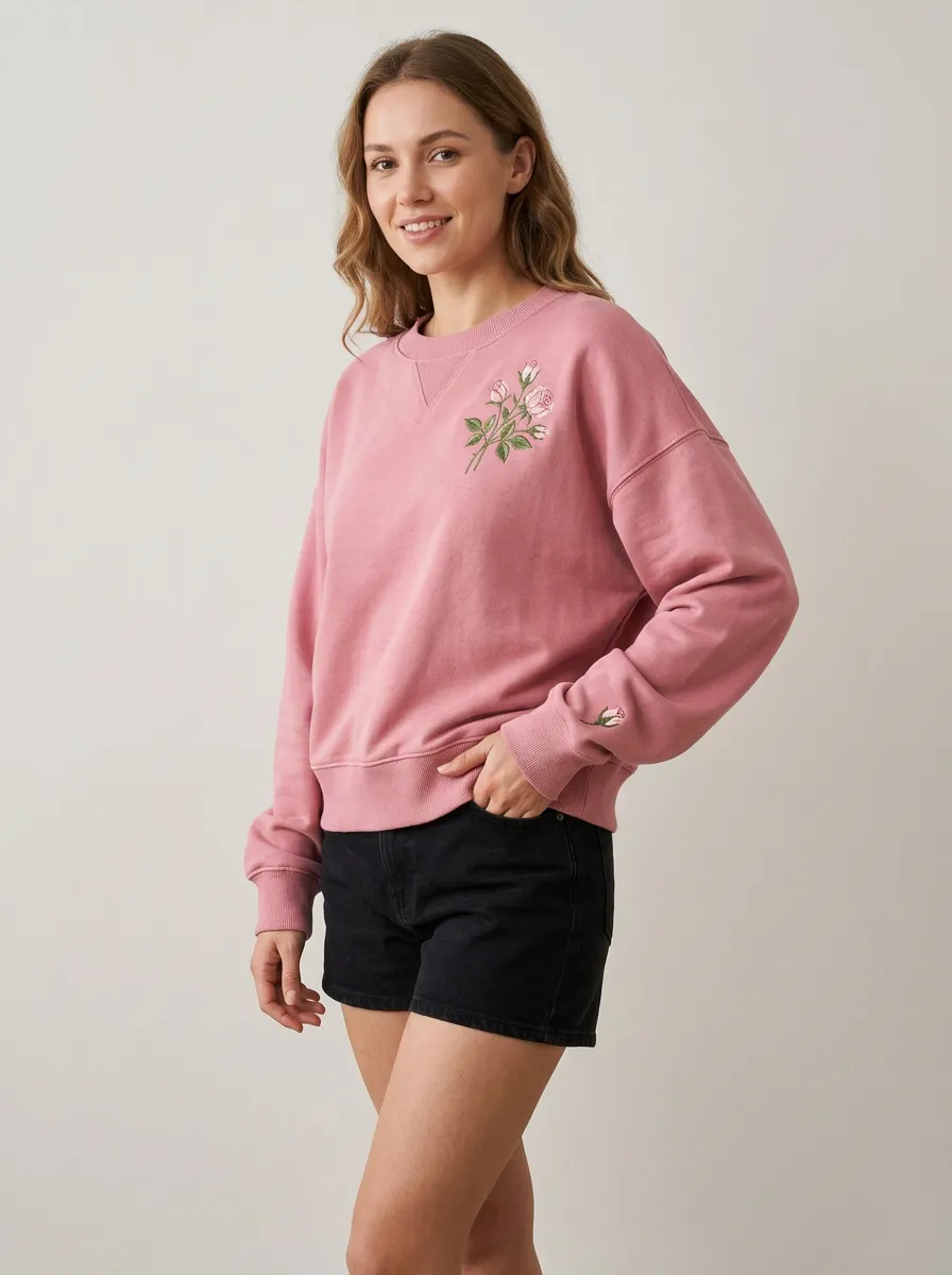 Women's Floral Aesthetic Pink Rose Embroidered Printed Sweatshirt