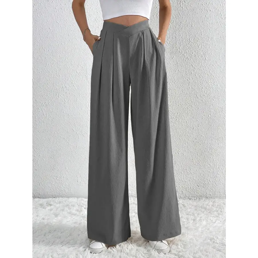 V Waisted Ruched Front Wide Leg Pants