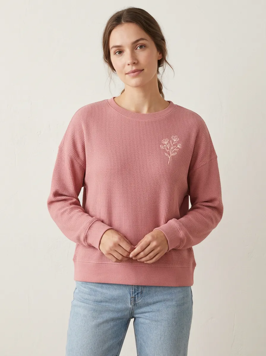 Women's Minimalist Floral Line Art Printed Waffle Knit Sweatshirt