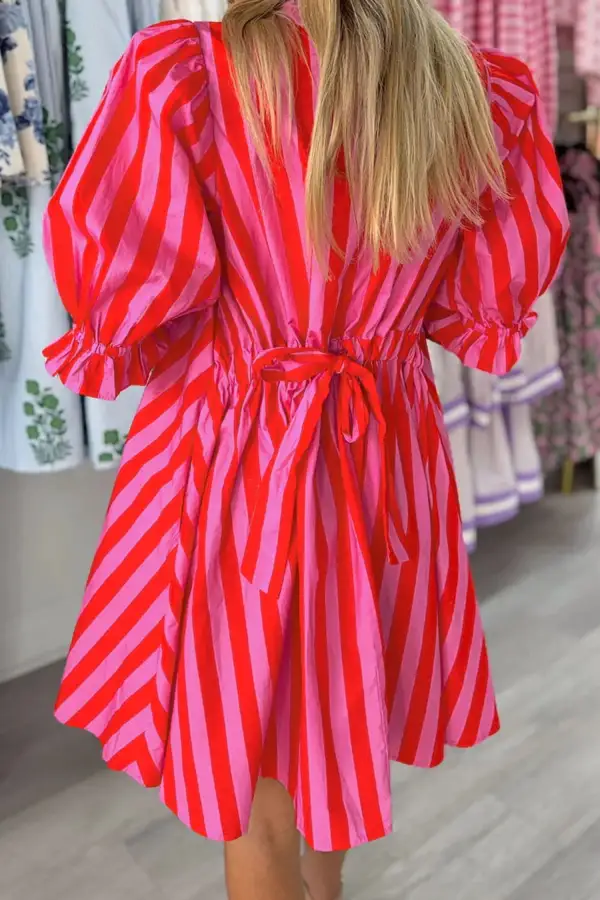 Stripe Half Button Puff Sleeve Loose Mini Dress
