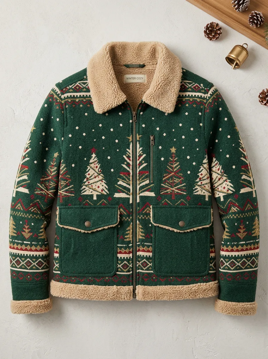 Unisex Christmas Tree Fair Isle Pattern Print Sherpa Lined Jacket