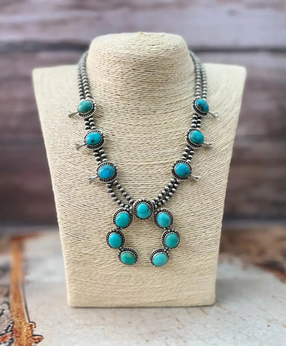 Squash Blossom Floral Beaded Turquoise Sterling Silver Necklace