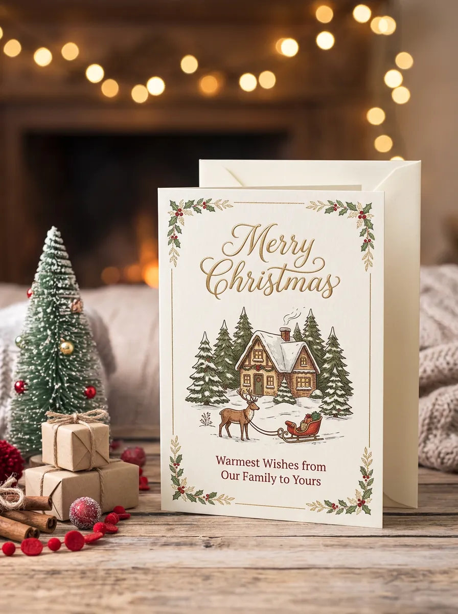 Christmas Family Cabin Reindeer Greeting Card
