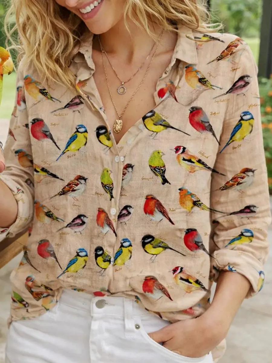 Vintage Bird Print Button-Up Shirt