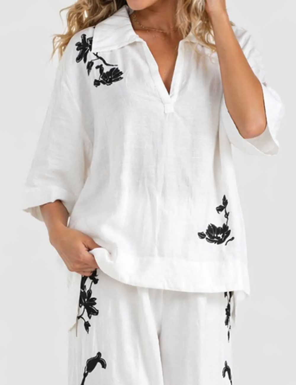 Loose V Neck Embroidery Color Block Blouse