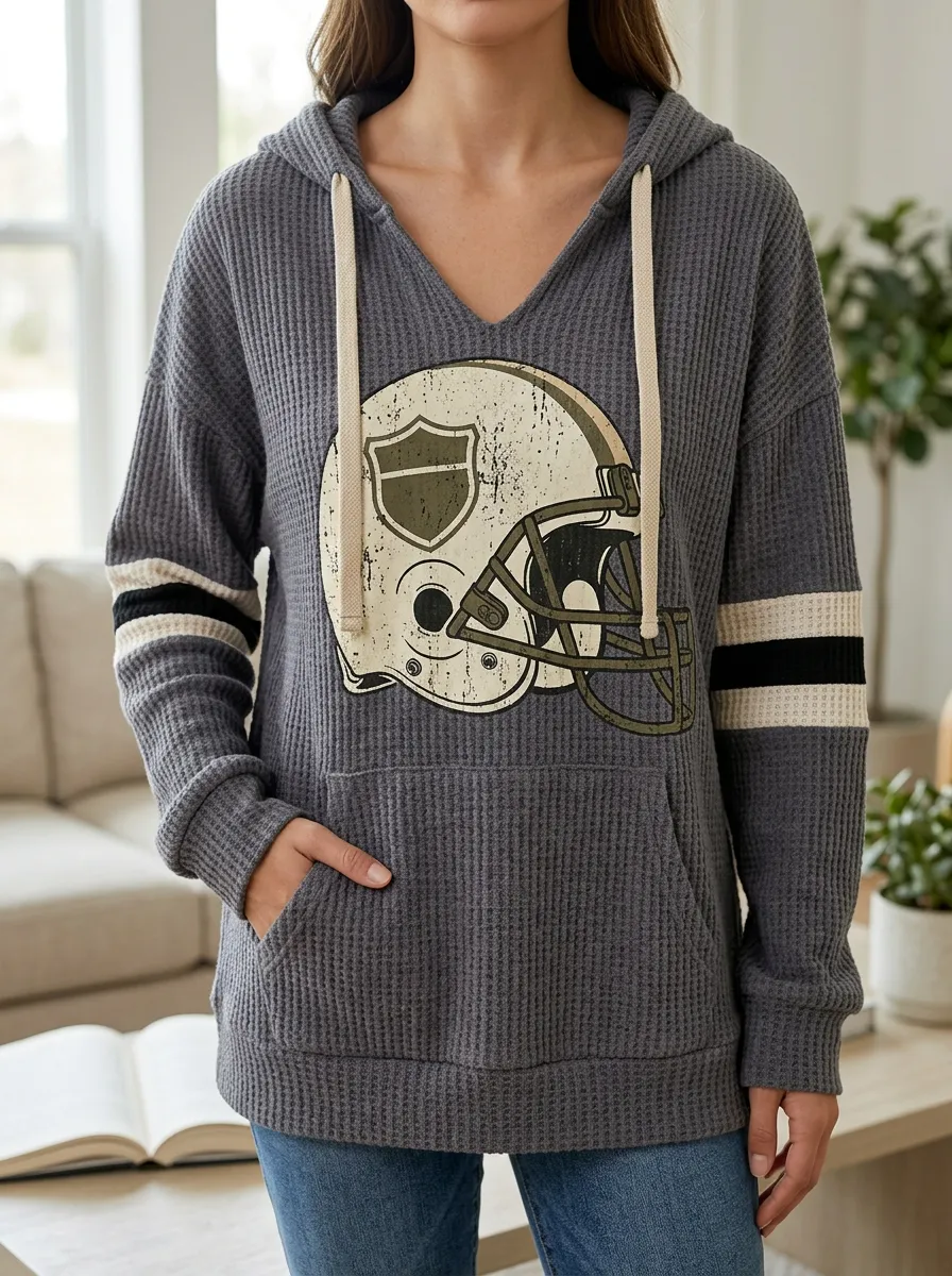 Women's Varsity Football Fan Distressed Helmet Printed Waffle Hoodie