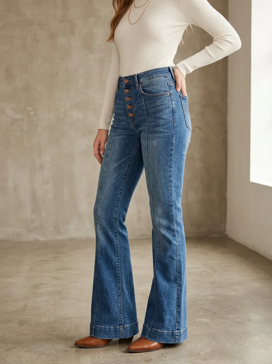 Women's High-Waisted Button-Fly Seamed Flare Jeans