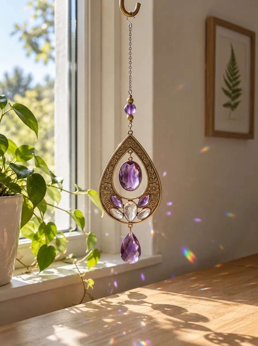Amethyst Crystal Teardrop Floral Metal Suncatcher Pendant