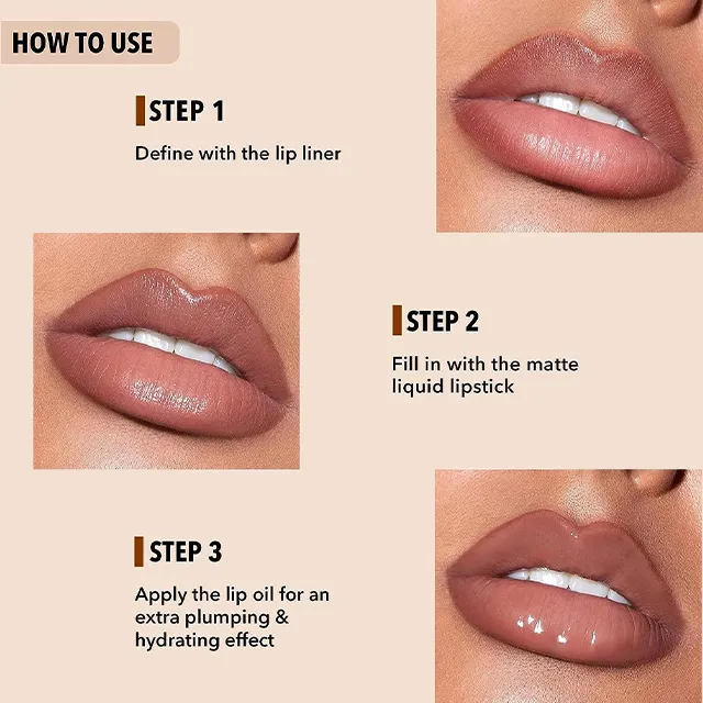 3-In-1 Lip Liner Moisturizing Plant Extracts Long Lasting Liquid Lipstick Plumping Lip Gloss Makeup Set