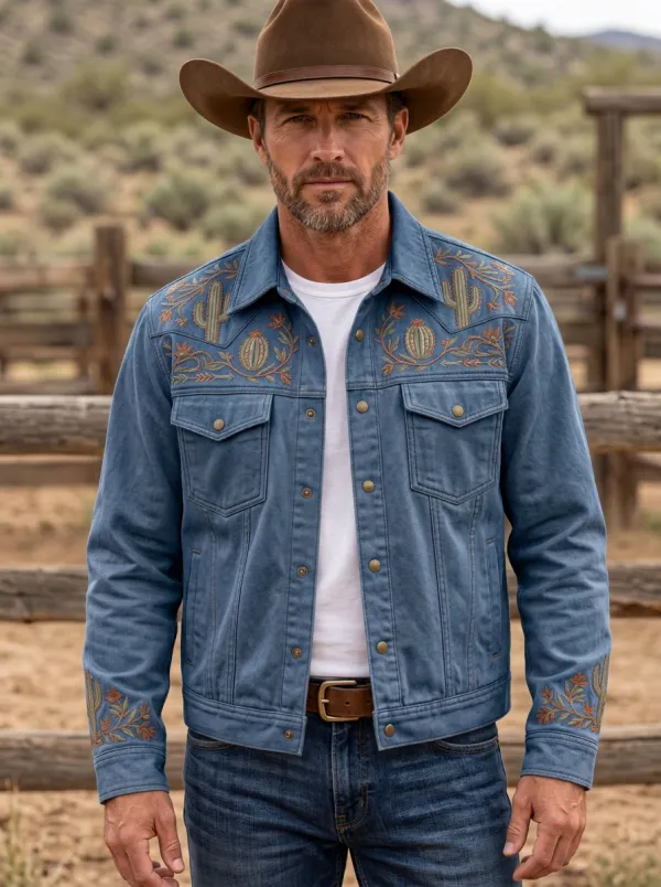 Western Trail Cactus Floral Embroidered Prairie Look Men's Western Jacket