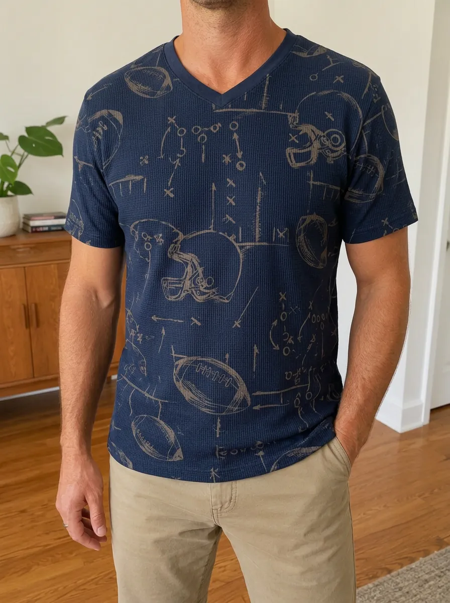 Men's Heritage Football Fan Playbook Helmet Printed Waffle V-Neck Top