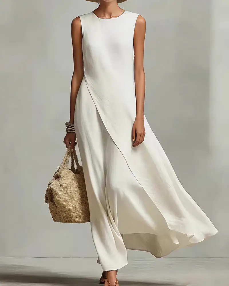 Asymmetric Hem Linen Blend Sleeveless Maxi Dress