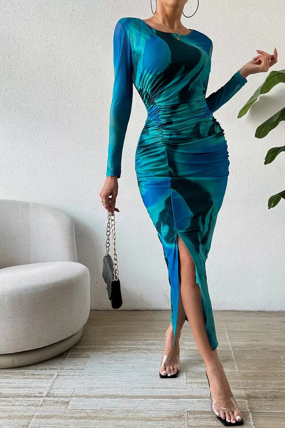Ruched Tie-Dye Midi Dress With High Slit