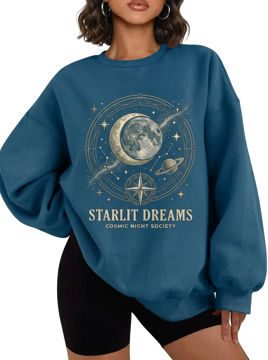 Women's Starlit Dreams Celestial Moon Planet Printed T-shirt