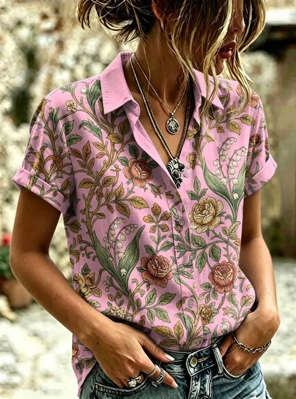 Women's Floral Vintage Rose Lily Botanical Printed Short Sleeve Shirt