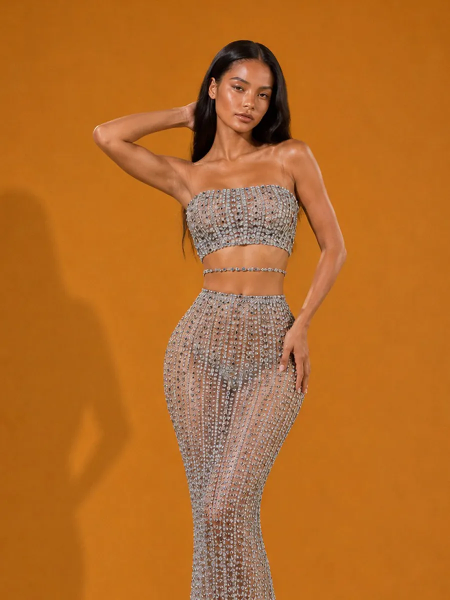 Kiera Sexy Rhinestone Chain Maxi Skirt Two-Piece Set