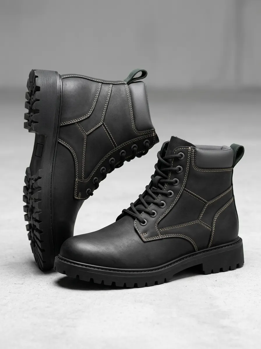 Unisex Leather Contrast Stitching Print Work Boots