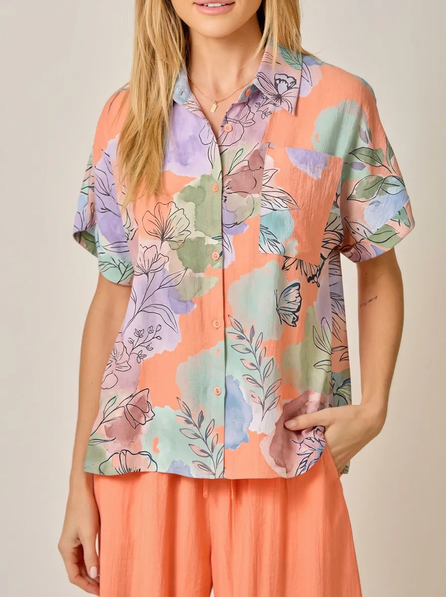 Women's Floral Butterfly Watercolor Printed Button Down Shirt