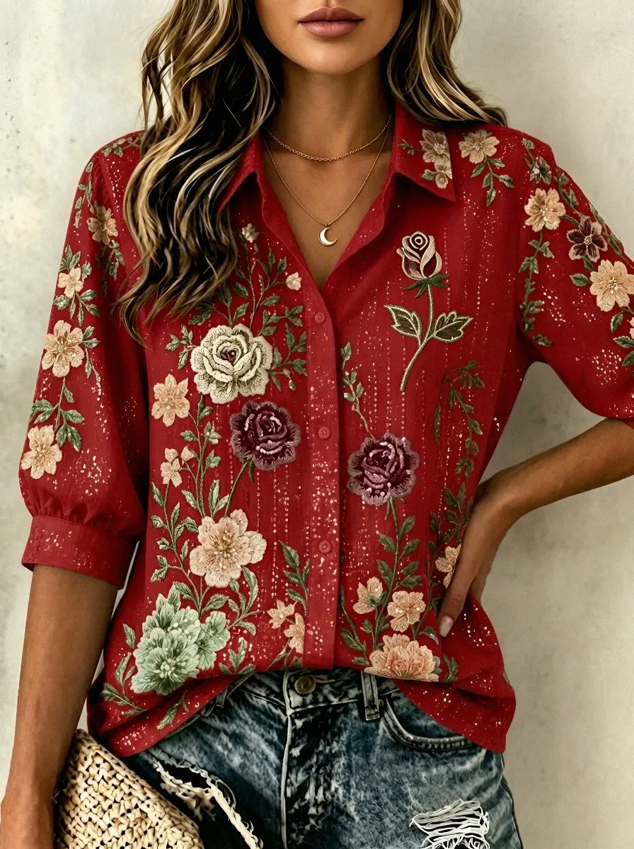 Women's Breast Cancer Awareness Rose Floral Embroidered Printed Shirt