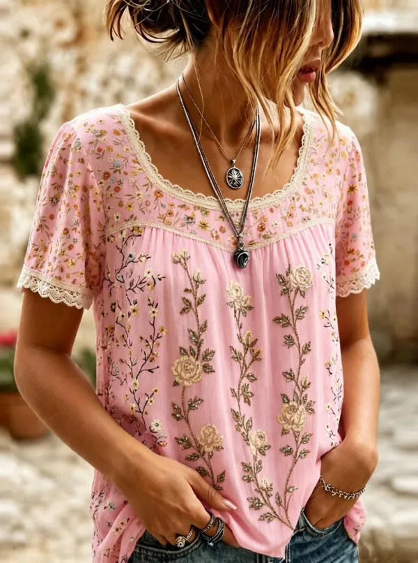 Women's Boho Floral Vintage Rose Embroidered Printed Short Sleeve T-Shirt