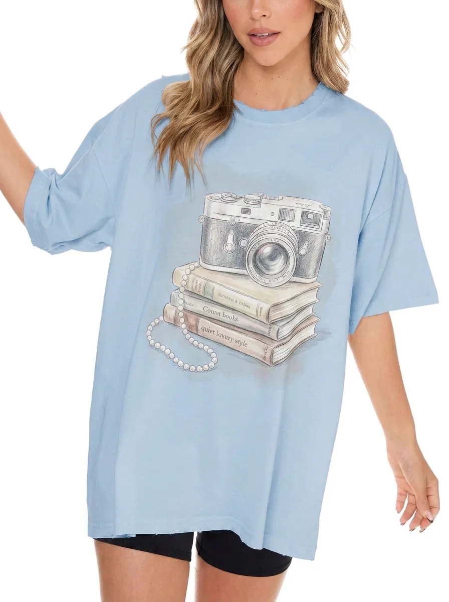 Women's Photography Book Lover Vintage Camera Printed T-shirt