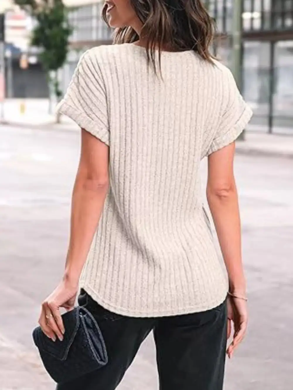 Casual Ribbed Knit Short Sleeve T Shirt