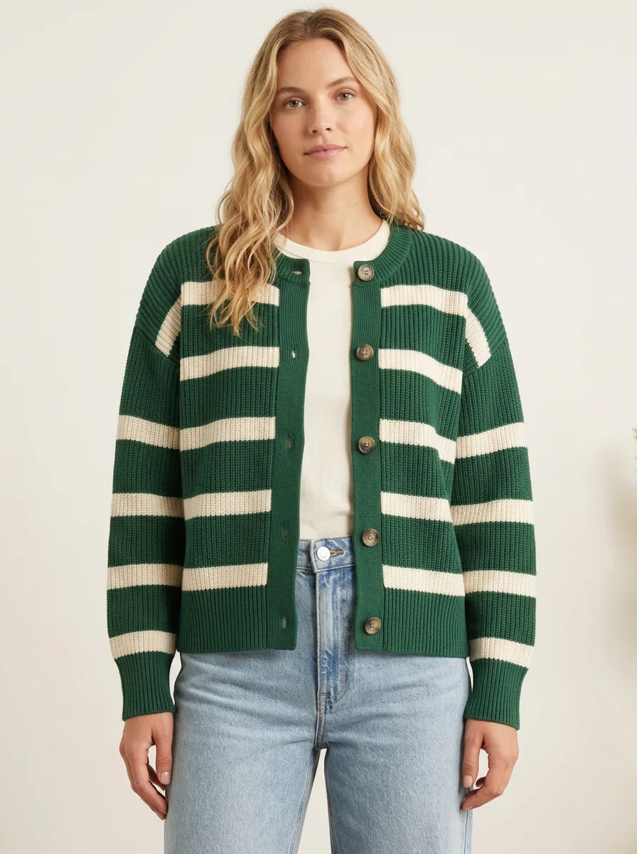Classic Cable Distinctive Rugby Striped Knit Cardigan