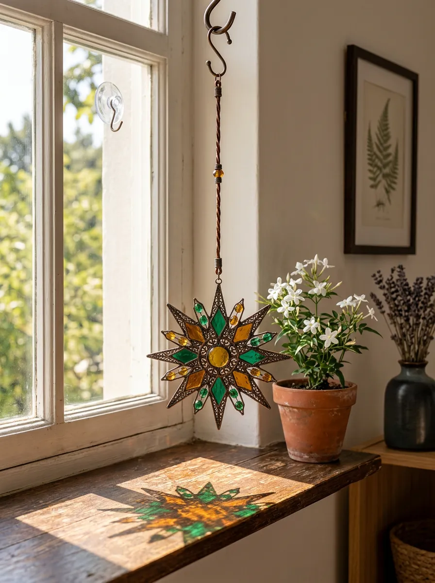Boho Star Green Yellow Stained Glass Suncatcher Hanging Ornament