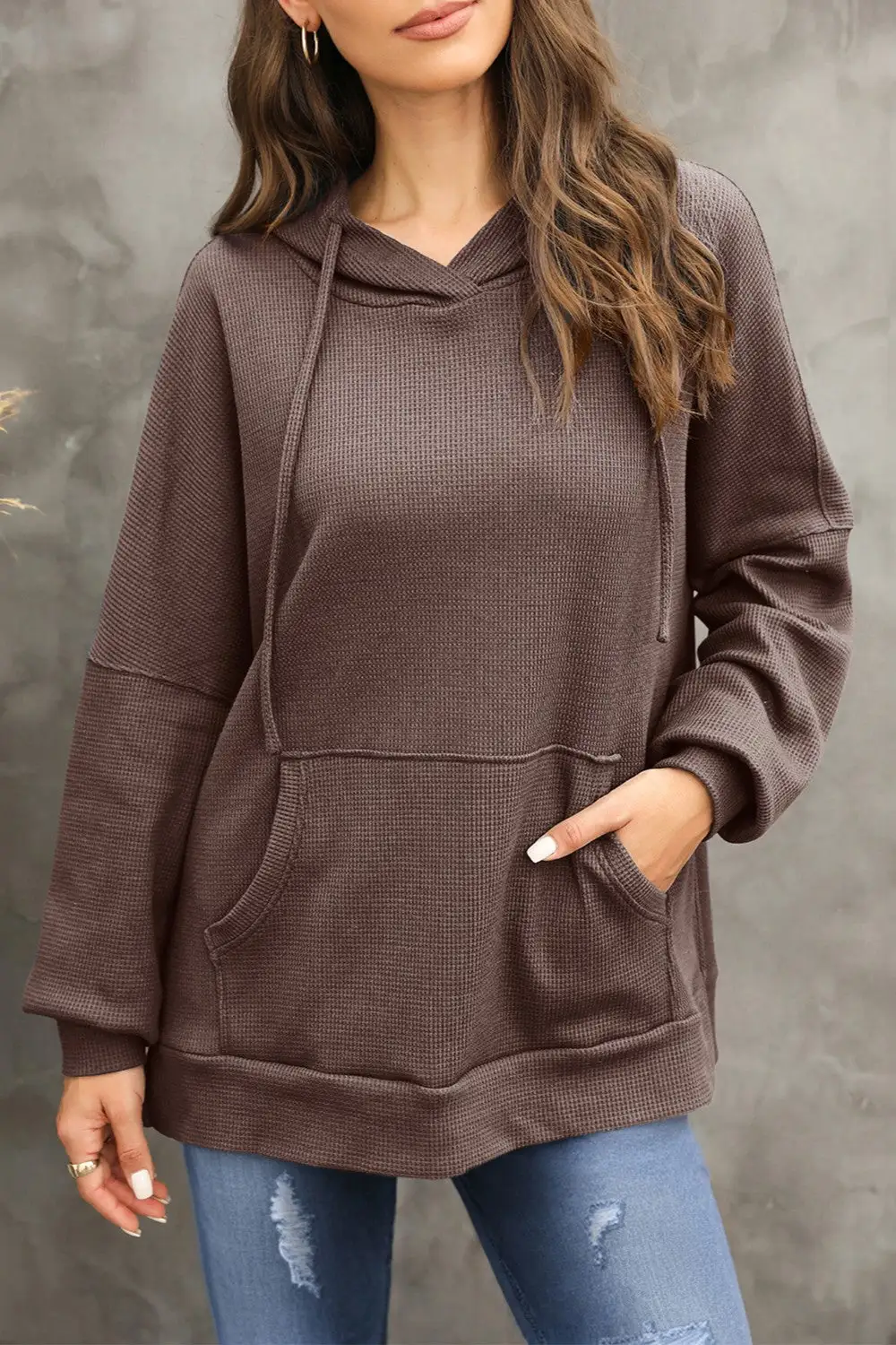 Long-Sleeve Waffle-Textured Knit Hoodie
