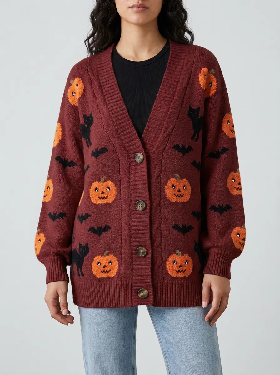 Women's Halloween Pumpkin Cat Bat Pattern Knitted Cardigan