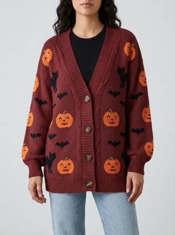 Women's Halloween Pumpkin Cat Bat Pattern Knitted Cardigan