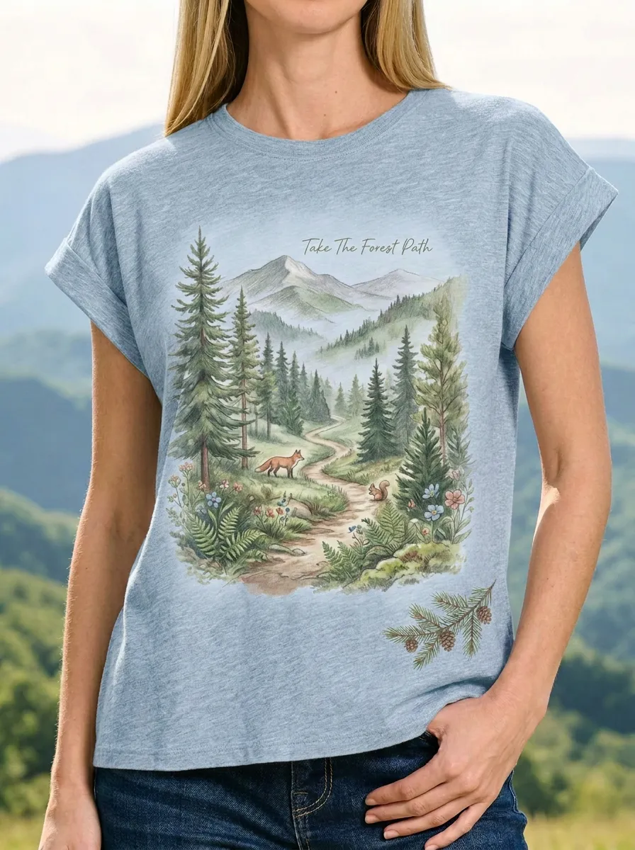 Women's Nature Lover Fox Forest Path Watercolor Printed T-shirt