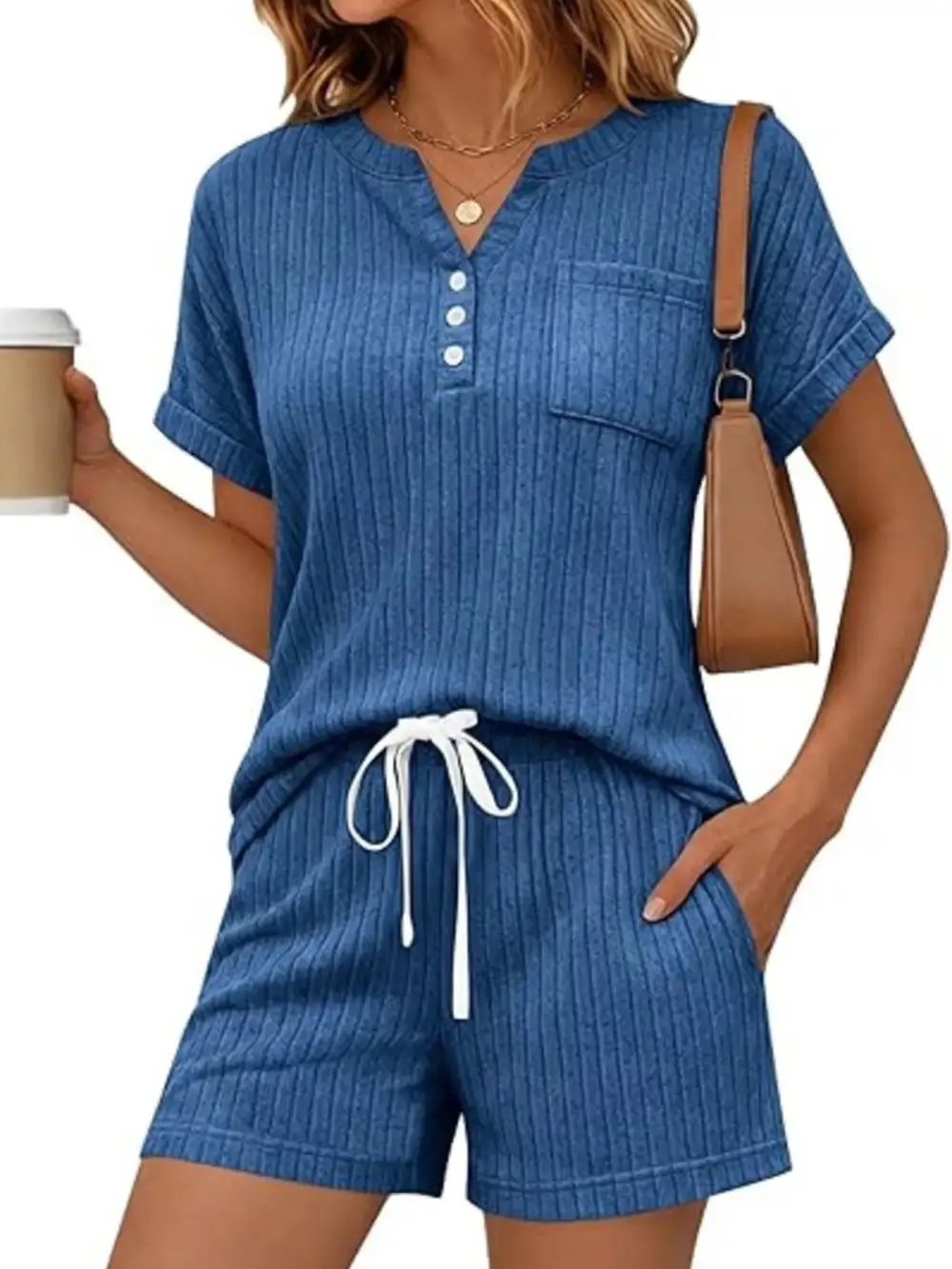 Casual Ribbed Knit Tee Shorts Set