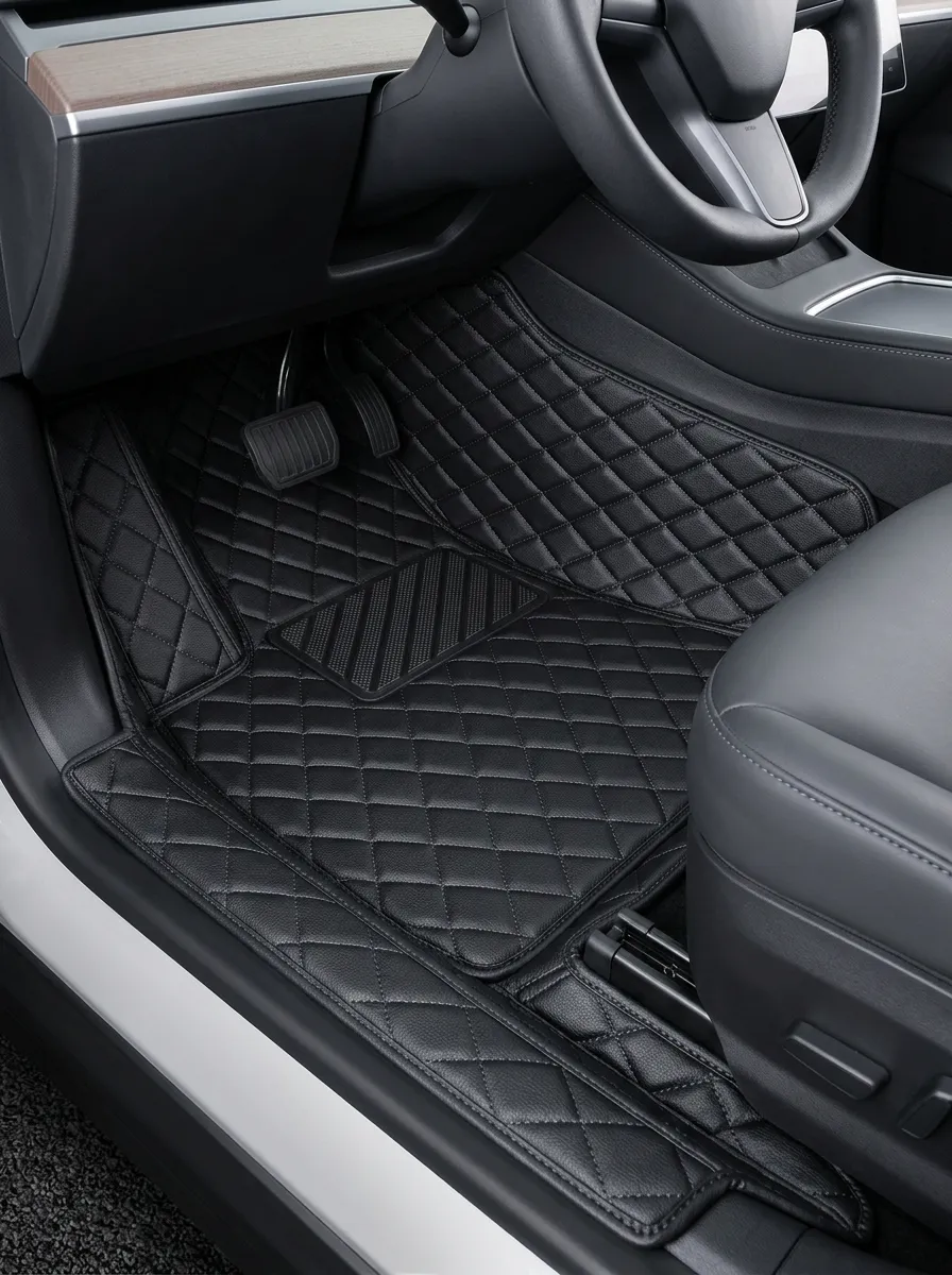 Trimmed Diamond Quilted Leather Vehicle Floor Mat