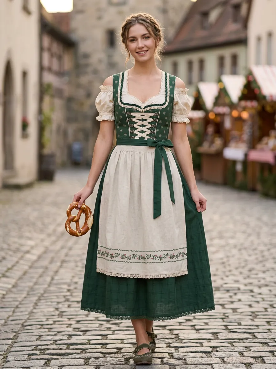 Floral Embroidered Square Neck Plaid Traditional Women's Bavarian Oktoberfest Dirndl Dress