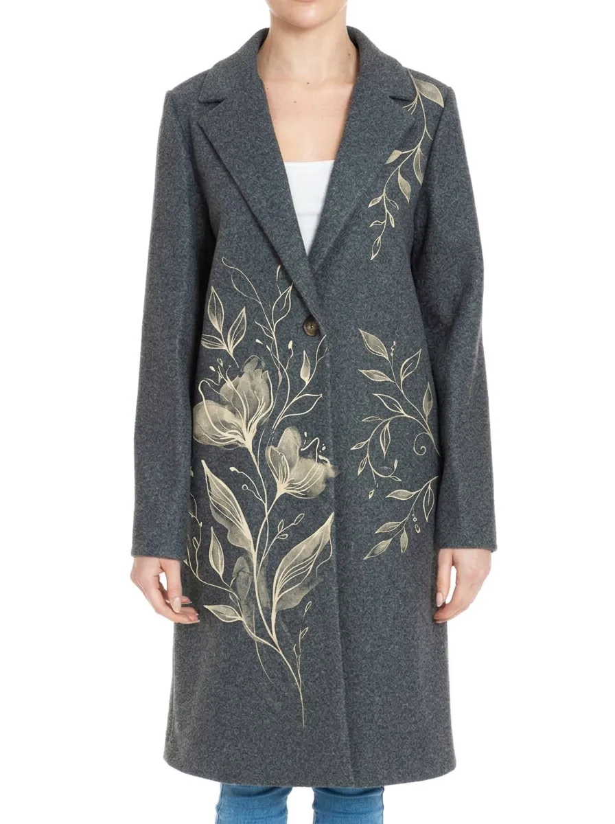 Women's Floral Art Botanical Grey Printed Wool Coat