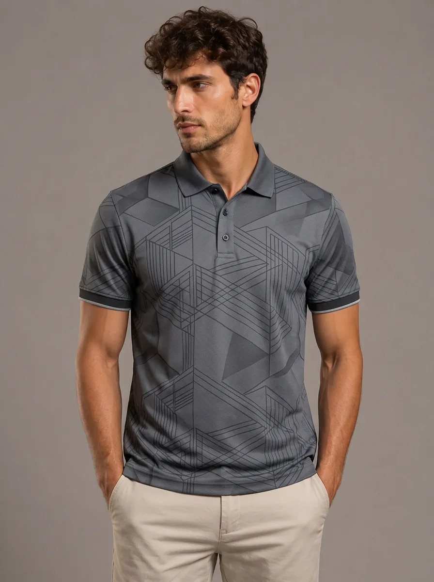 Men's Charcoal Geometric Print Polo Shirt with All-Over geometric line print with Three-Button Placket