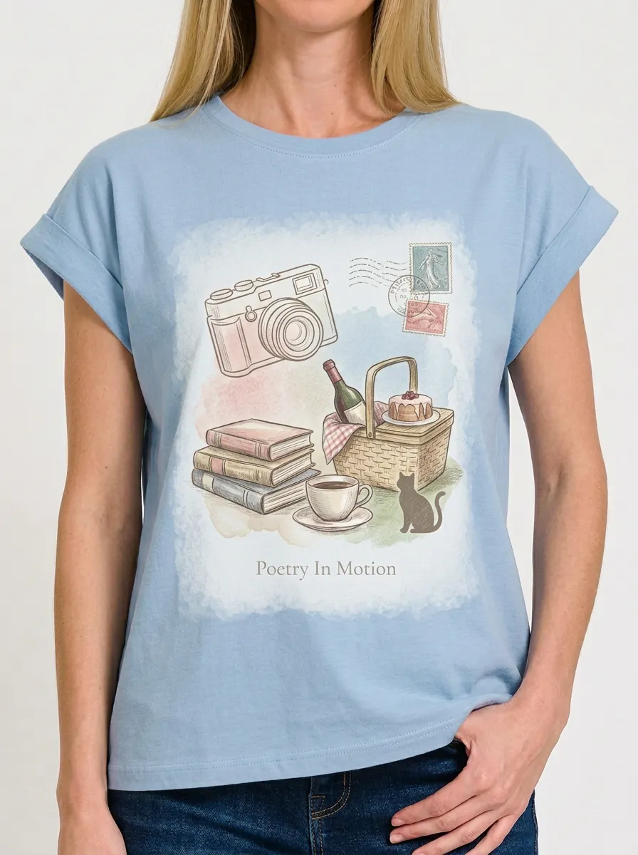 Women's Aesthetic Hobby Poetry In Motion Camera Picnic Printed T-shirt
