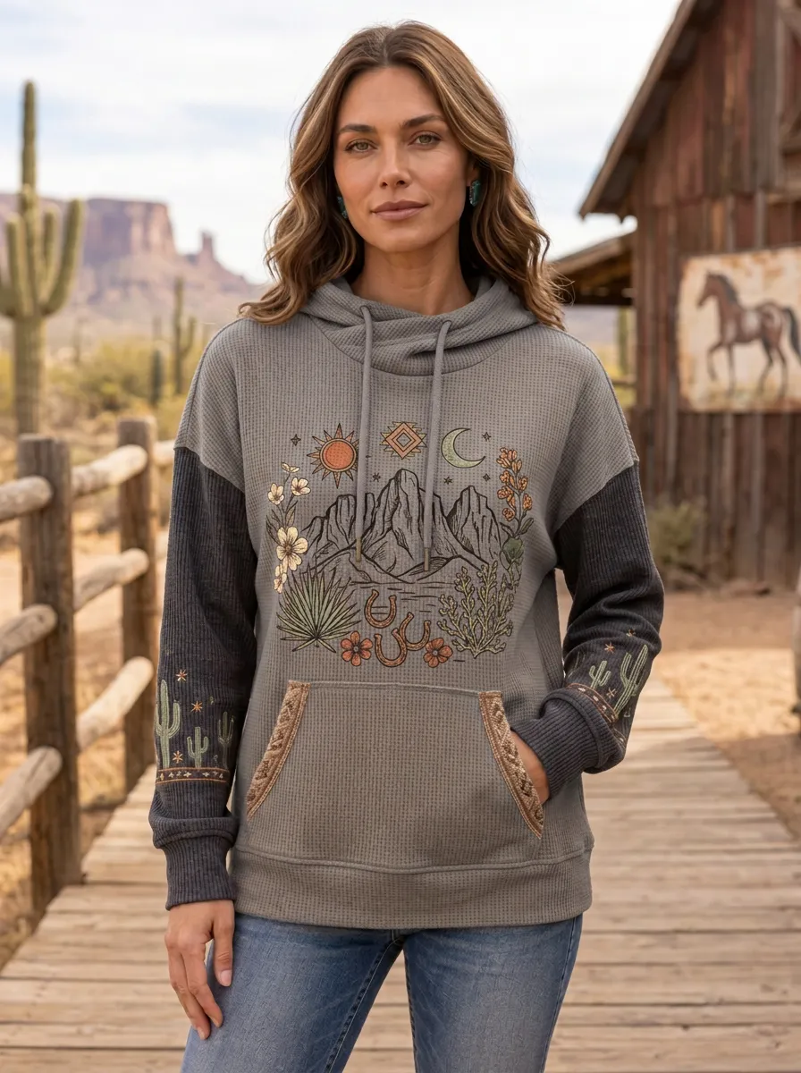 Women's Western Desert Mountain Cactus Printed Hoodie