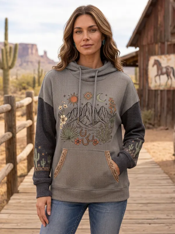 Women's Western Desert Mountain Cactus Printed Hoodie