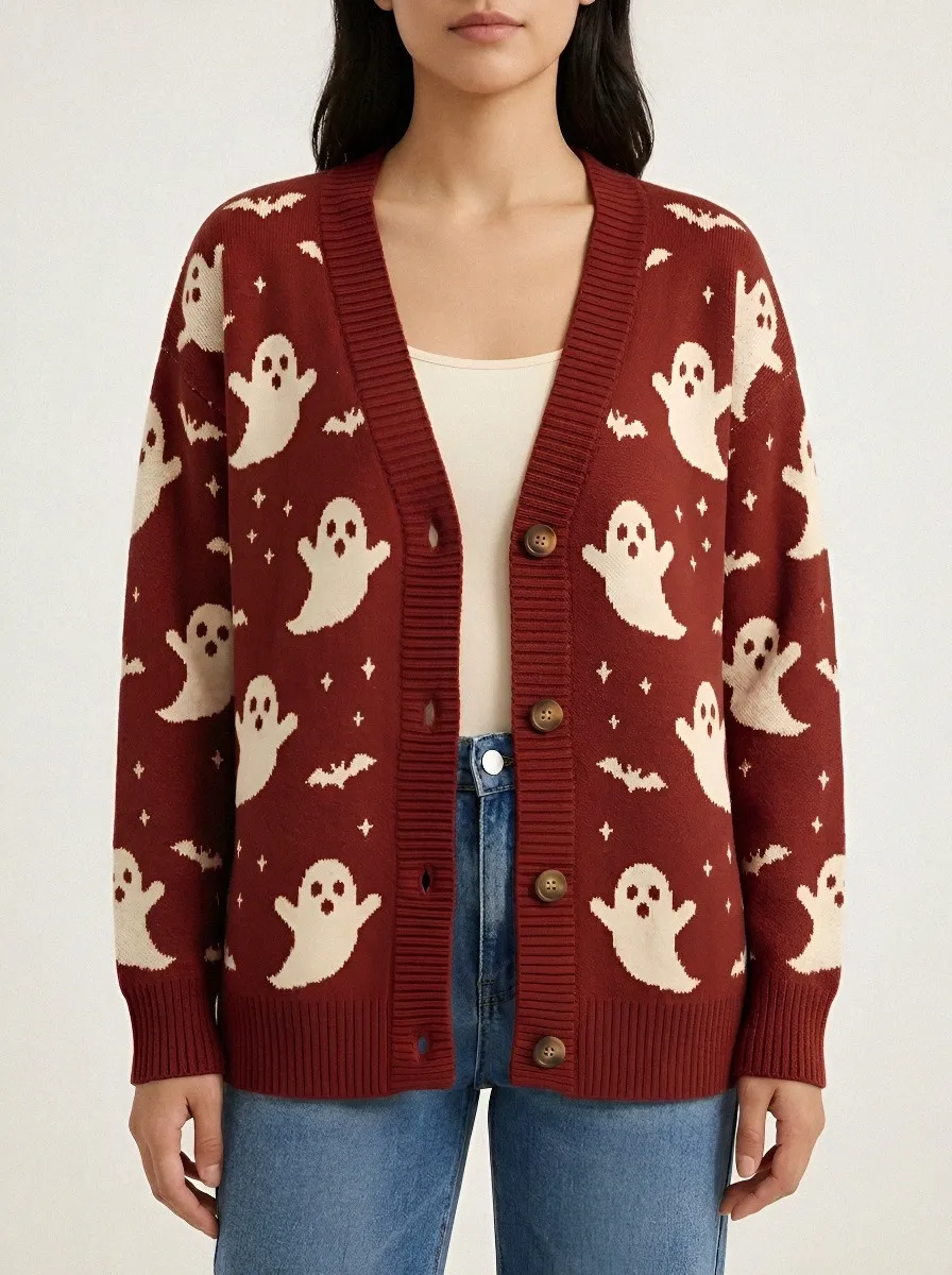 Women's Halloween Ghost Bat Pattern Printed Cardigan