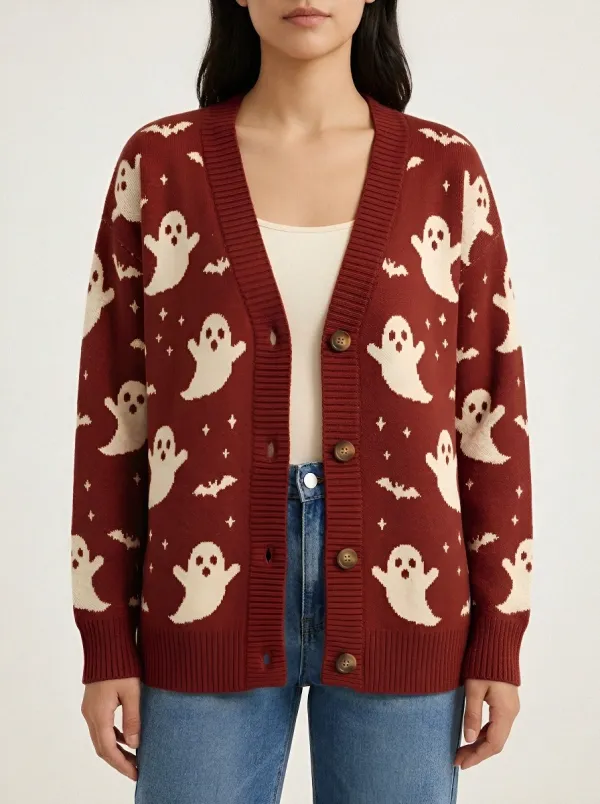 Women's Halloween Ghost Bat Pattern Printed Cardigan