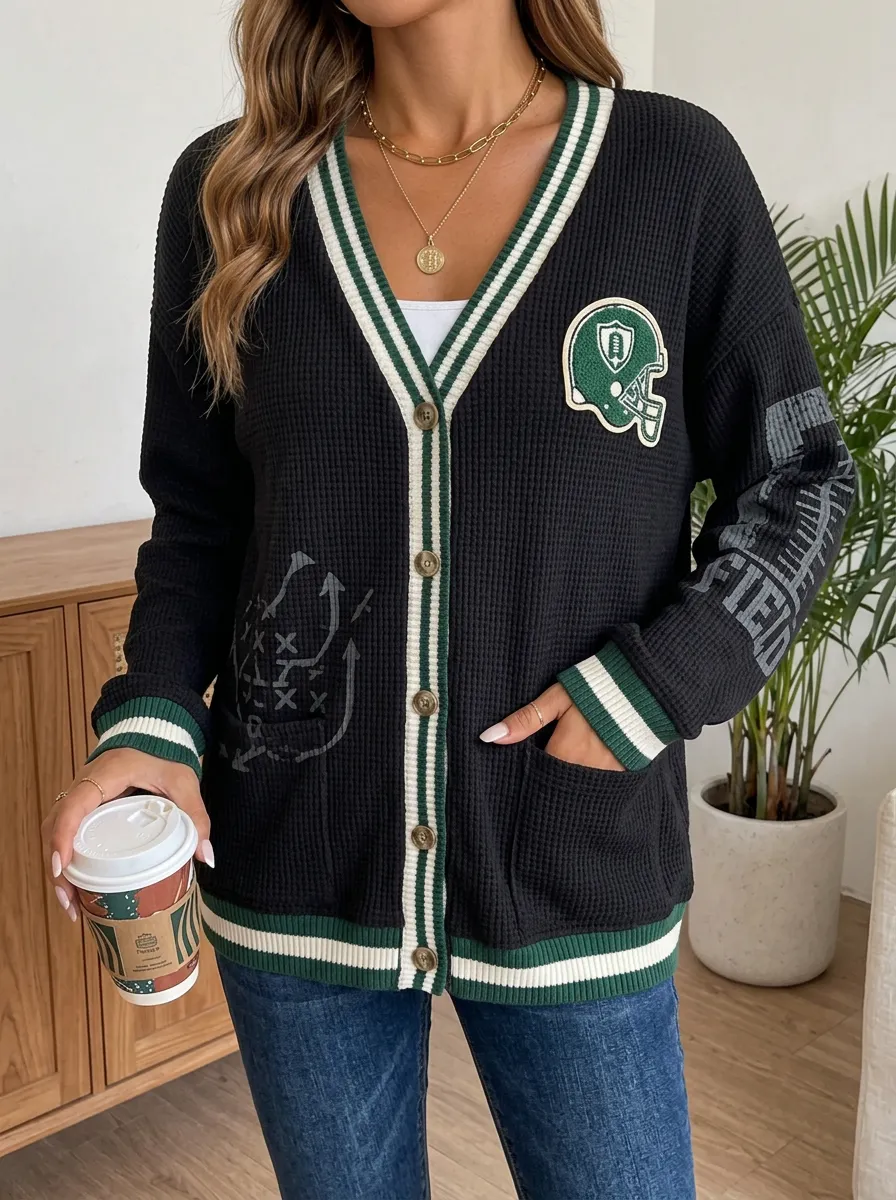 Women's Heritage Football Fan Helmet Playbook Printed Waffle Cardigan