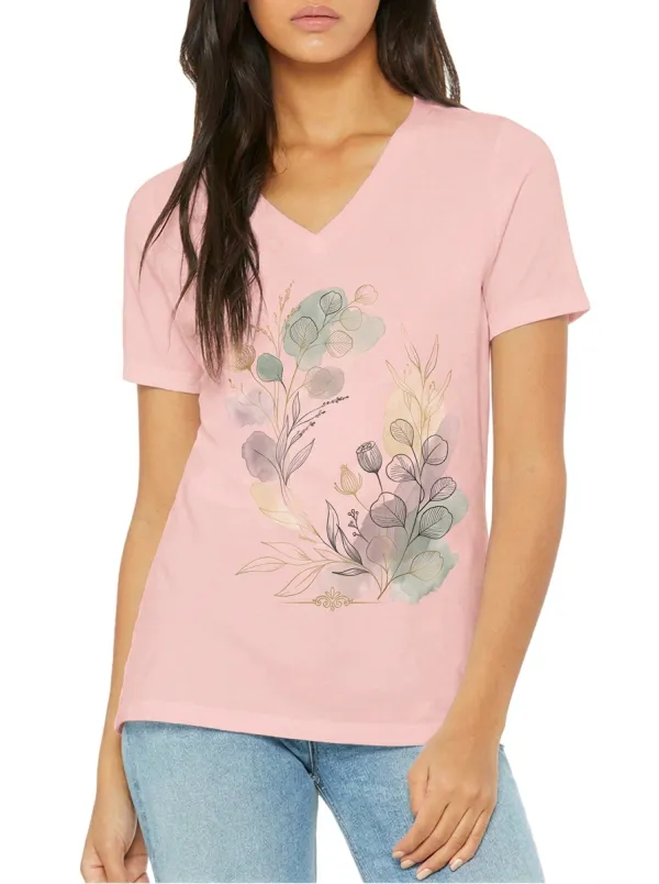 Women's Botanical Nature Lover Eucalyptus Watercolor Printed V-neck T-shirt