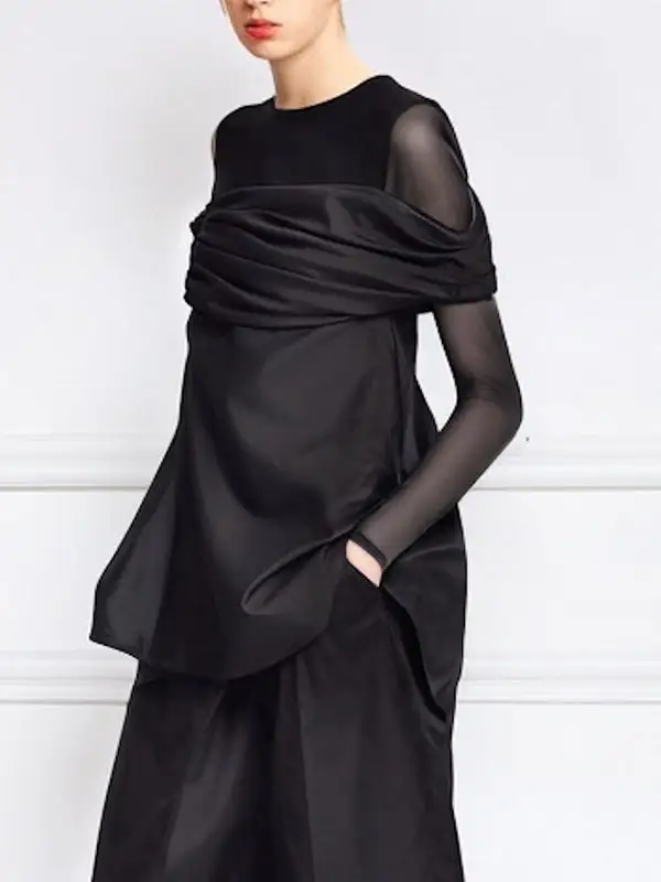 Layered Look Long Sleeve Sheer Round Neck T-Shirt