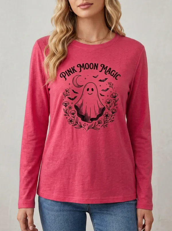 Cute-Spooky Ghost Floral Halloween Cotton Linen Long Sleeve Top